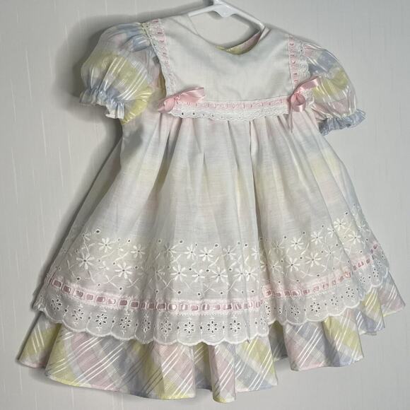 Vintage Peaches' N Cream Plaid Pastels Apron Style Dress Made in USA Size 3T - Picture 2 of 10
